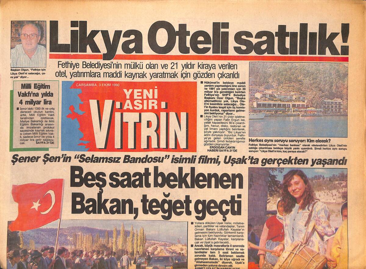 Yeni Asır Gazetesi Vitrin Eki 3 Ekim 1990 - Likya Oteli Satılık ! - Şener Şen'in ''Selamsız Bandosu'' İsimli Filmi , Uşak'ta Gerçekten Yaşandı GZ135051 - 1