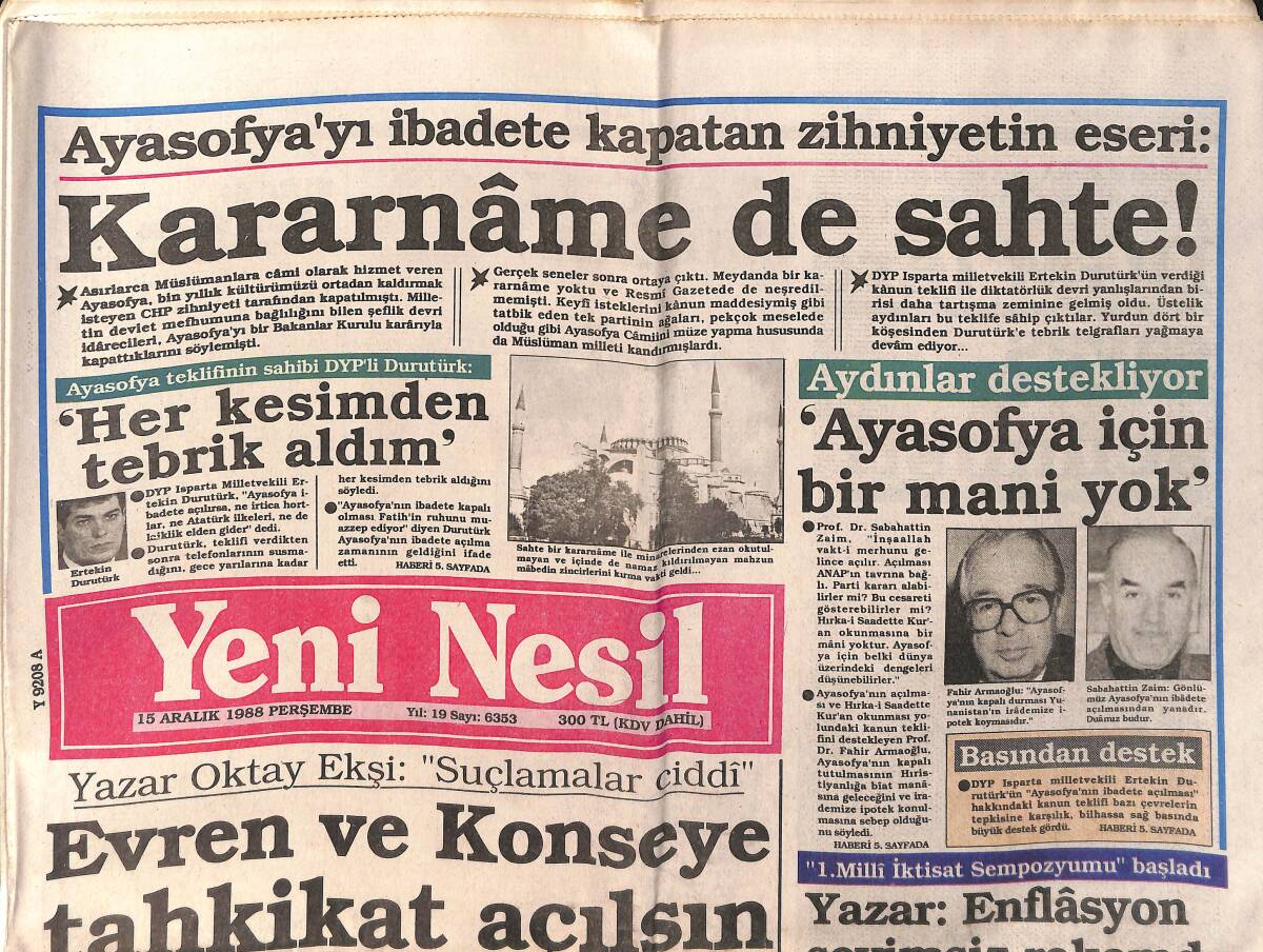 Yeni Nesil Gazetesi 15 Aralık 1988 - Hollanda'da Fatih Camii - Ayasofya'yı İbadete Kapatan Zihniyetin Eseri GZ153352 - 1