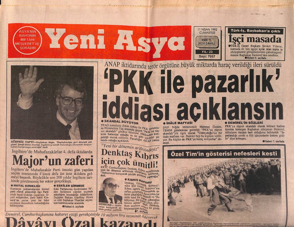 Yeni Asya Gazetesi 11 Nisan 1992 - İngiltere'de Muhafazakarlar 4. Defa İktidarda - Beşiktaş Ve Fenerbahçe Karşı Karşıya GZ153358 - 1