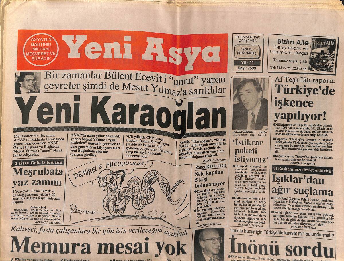 Yeni Asya Gazetesi 10 Temmuz 1991 - Yeni Karaoğlan - İnönü: Irak'ta Huzur İçin Türkiye'de Kuvvet Mi Bulundurmalı GZ151645 - 1
