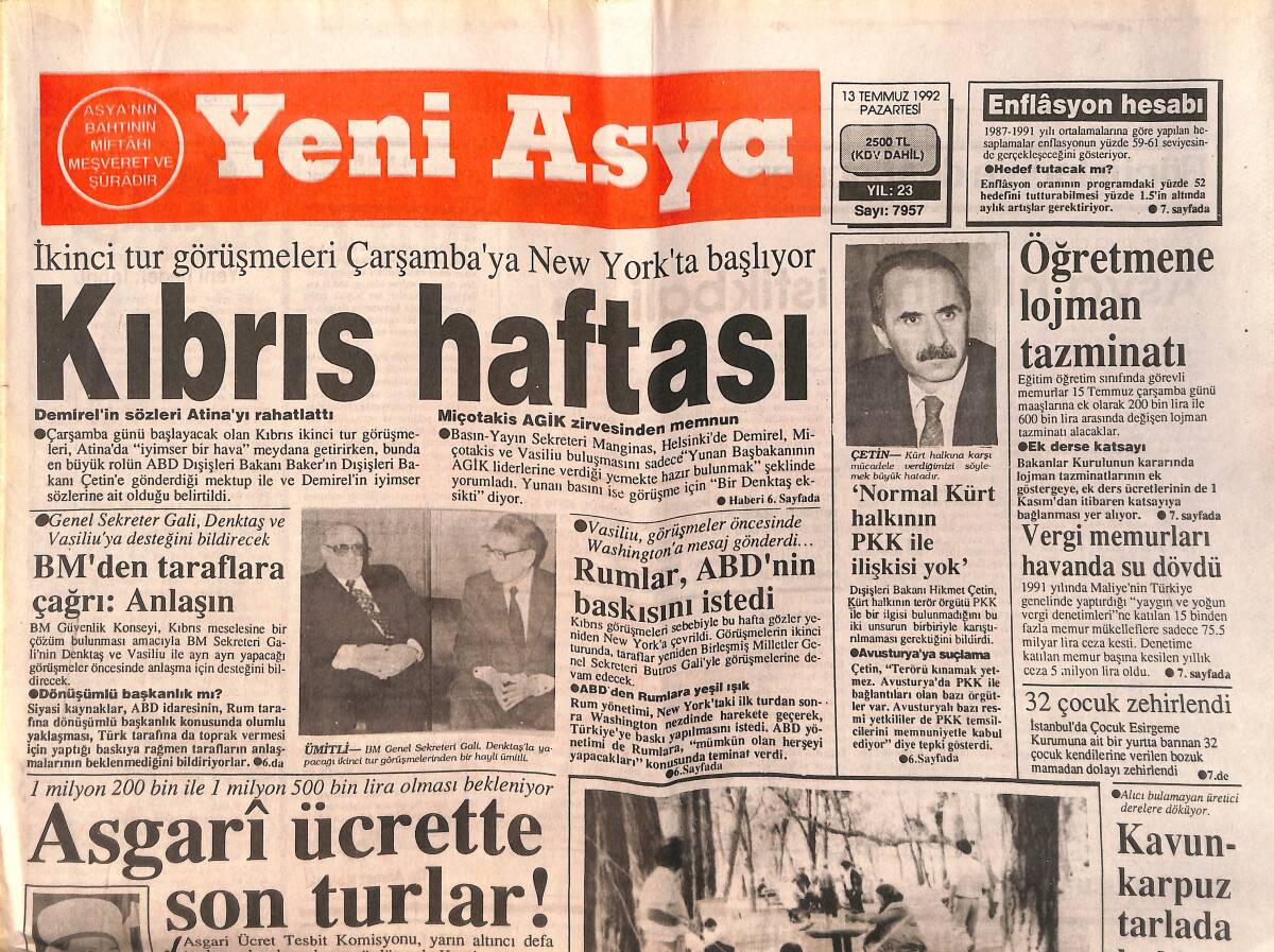 Yeni Asya Gazetesi 13 Temmuz 1992 - Rumlar , ABD'nin Baskısını İstedi - Türkeş , Çok Sert GZ153242 - 1