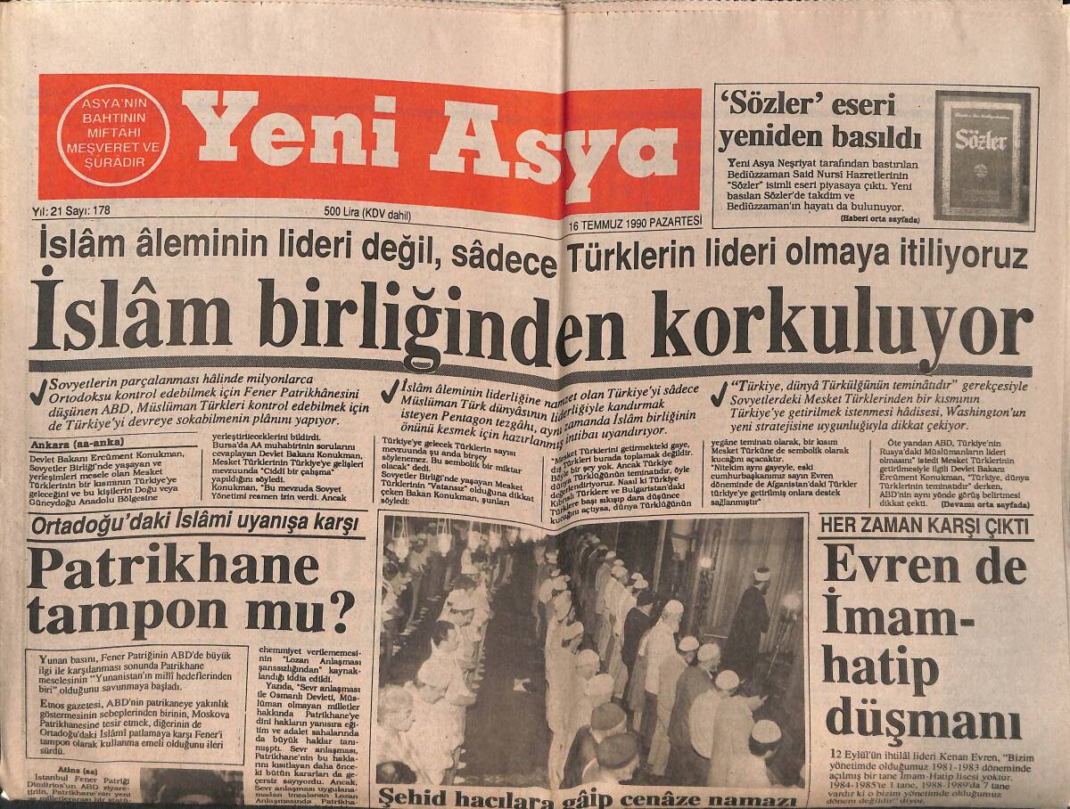 Yeni Asya Gazetesi 16 Temmuz 1990 - İslam Birliğinden Korkuluyor - 5 Milyara Atatürk Kürsüsü - Gülhane'ye Kan Sıçradı: Ahmet Kaya Protesto Edildi GZ147198 - 1