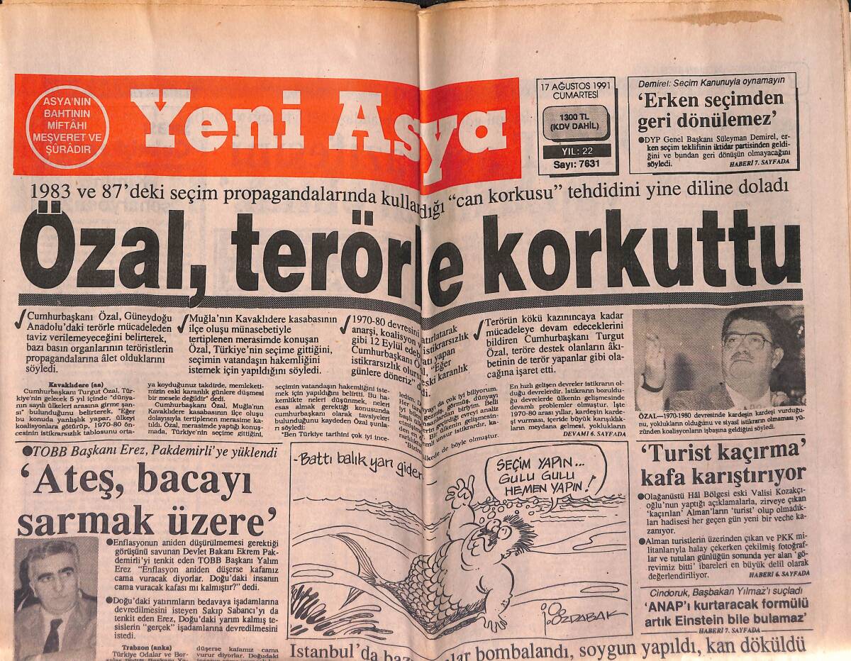 Yeni Asya Gazetesi 17 Ağustos 1991 - Özal, Terörle Korkuttu - Çorluspor Hedef Şampiyonluk Diyor GZ153423 - 1