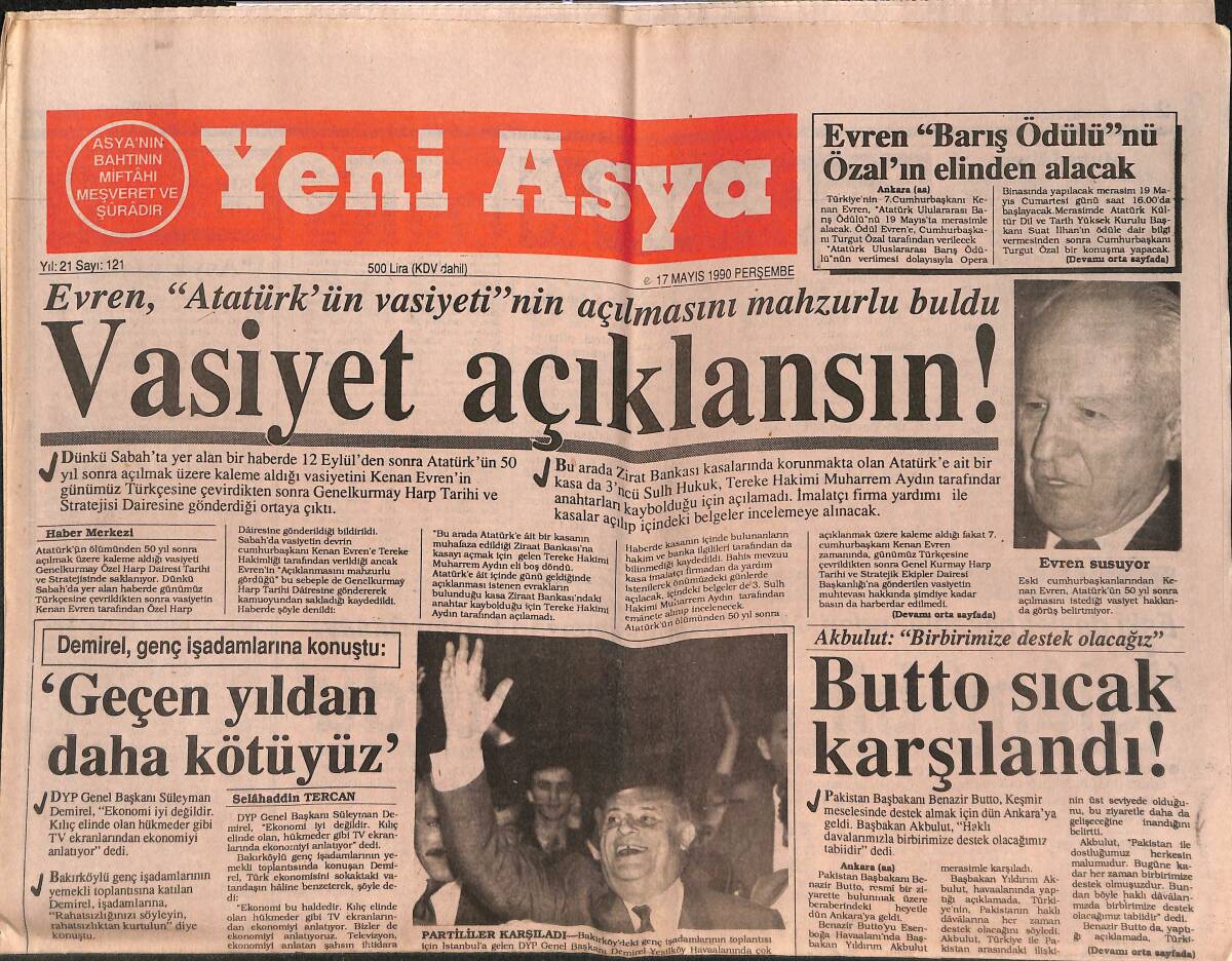 Yeni Asya Gazetesi 17 Mayıs 1990 - Butto Sıcak Karşılandı ! - Cem Boyner : Demirel Teveccüh Göstermiş GZ147126 - 1