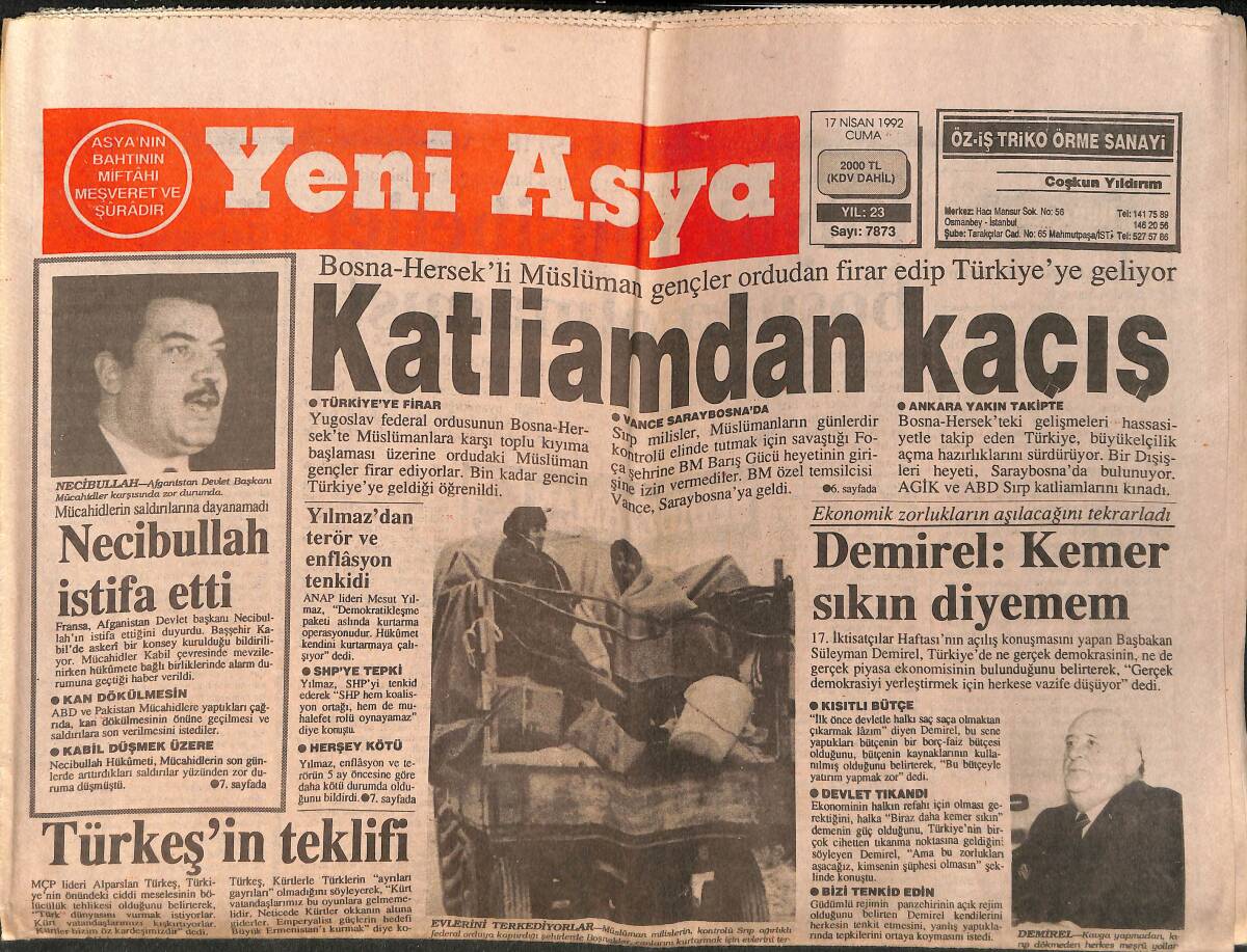 Yeni Asya Gazetesi 17 Nisan 1992 - Necibullah İstifa Etti - Türkeş'in Teklifi GZ153307 - 1