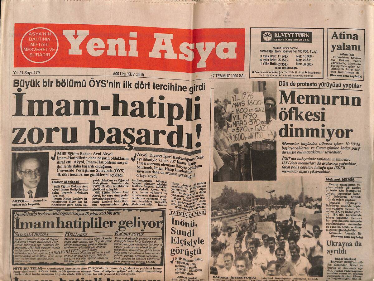 Yeni Asya Gazetesi 17 Temmuz 1990 - Özal Otoyol Açtı - İmam-Hatipli Korkusu - Fenerbahçe Rezil Oldu GZ147199 - 1