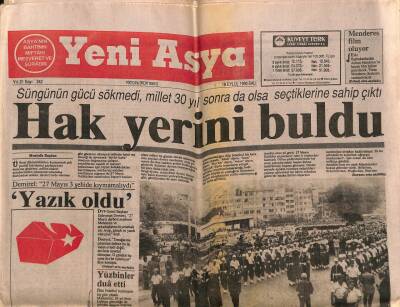 Yeni Asya Gazetesi 18 Eylül 1990 - Süngünün Gücü Sökmedi,Millet 30 Yıl Sonra da Olsa Seçtiklerine Sahip Çıktı GZ62988 - 2