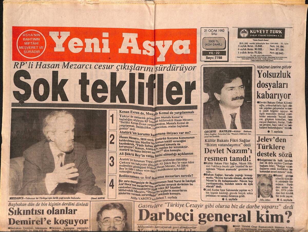 Yeni Asya Gazetesi 21 Ocak 1992 - Sarıyer'de Gecekondu Yıkımı - Jelev'den Türklere Destek Sözü GZ159329 - 1