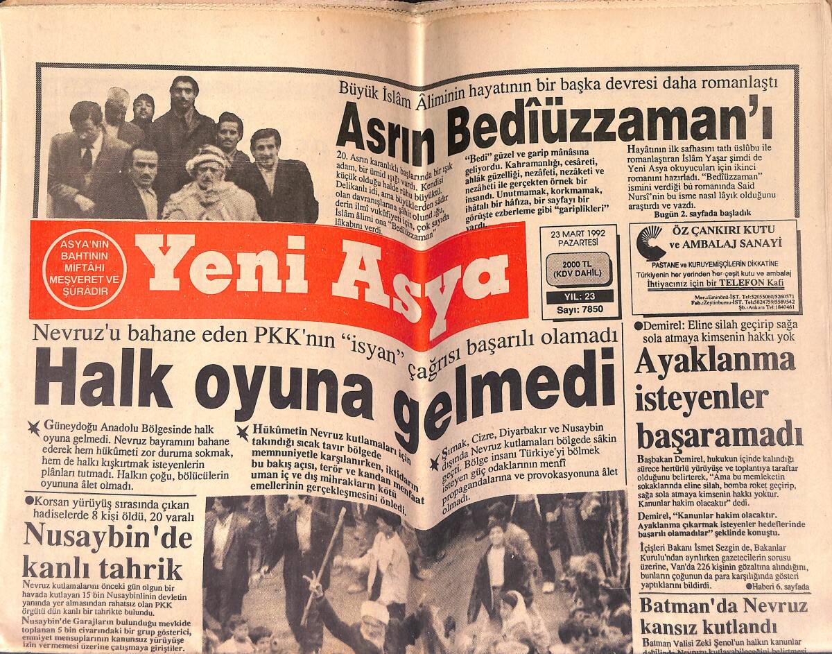 Yeni Asya Gazetesi 23 Mart 1992 - Beşiktaş'a İlk Protesto Geldi - Asrın Bediüzzaman'ı GZ153427 - 1