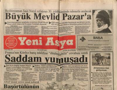 Yeni Asya Gazetesi 24 Ekim 1990 - Saddam Yumuşadı, Başörtülünü Gözü Mecliste GZ104380 - 1