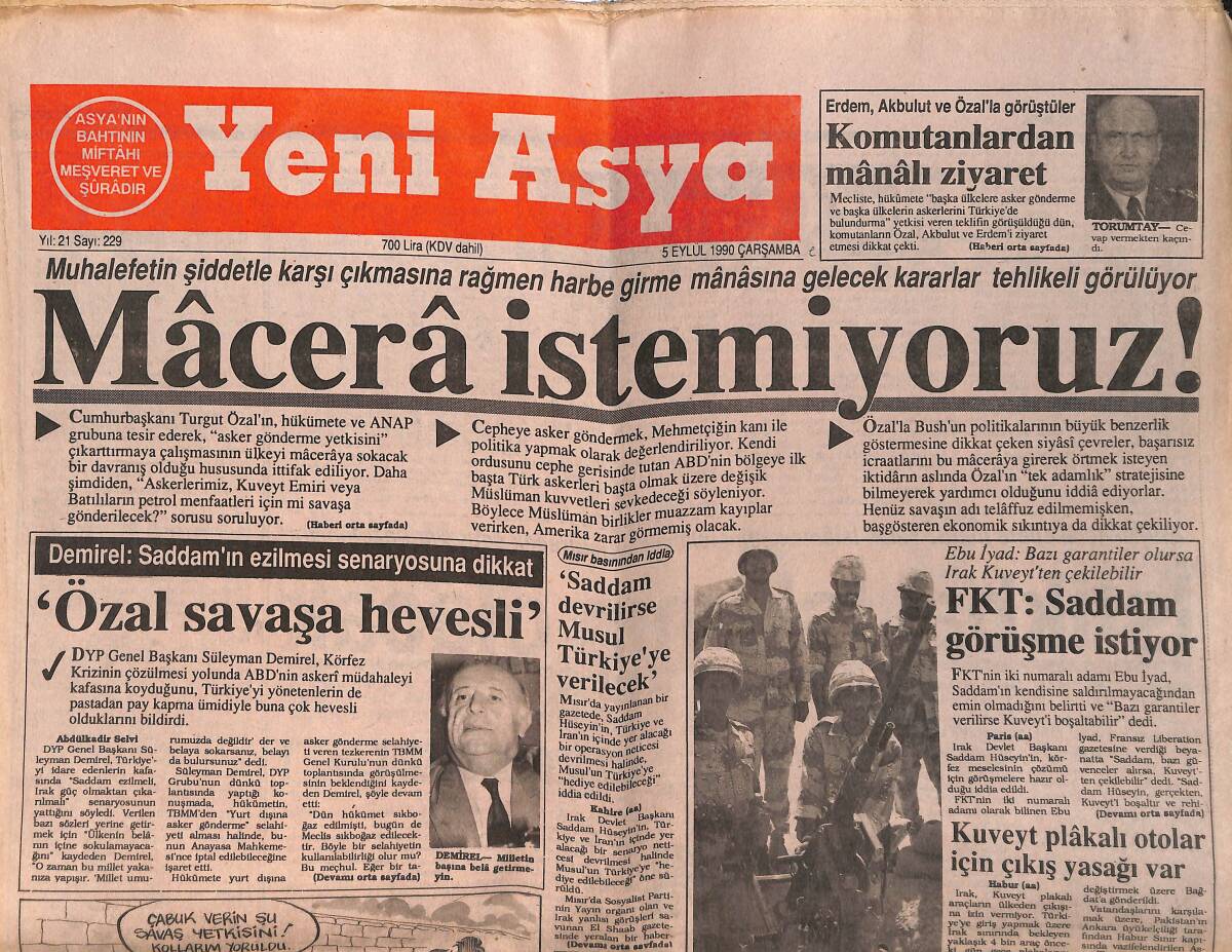 Yeni Asya Gazetesi 5 Eylül 1990 - Anap'ta Yetki Tartışması - Milli Takım Avrupa Şampiyonası İçin Son Maçına Çıkıyor GZ153350 - 1