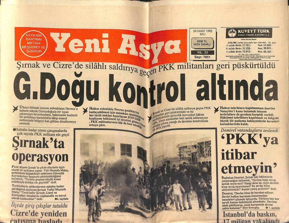 Yeni Asya Gazetesi 24 Mart 1992 - Güney Doğu Kontrol Altında - Bediüzzaman Kimdir - Fenerbahçe'de Bayram GZ153451 - 1