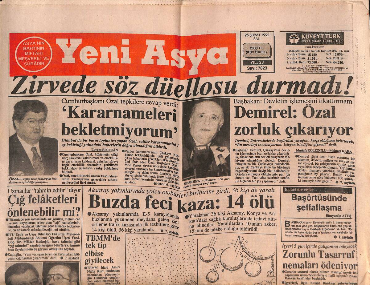 Yeni Asya Gazetesi 25 Şubat 1992 - Dubçek Bugün Geliyor - Zirvede Söz Düellosu Durmadı ! GZ147123 - 1