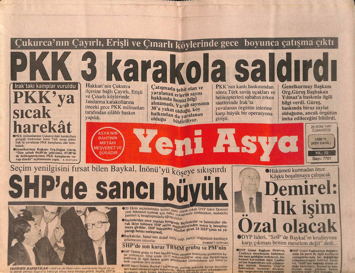 Yeni Asya Gazetesi 26 Ekim 1991 - SHP'de Sancı Büyük - Mesut Yılmaz'dan Giderayak Tayinler GZ153239 - 1