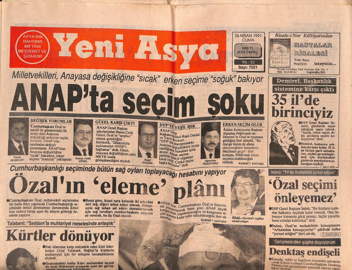 Yeni Asya Gazetesi 26 Nisan 1991 - ANAP'ta Seçim Şoku - Gülhane Yüz Kızartıyor GZ147125 - 1