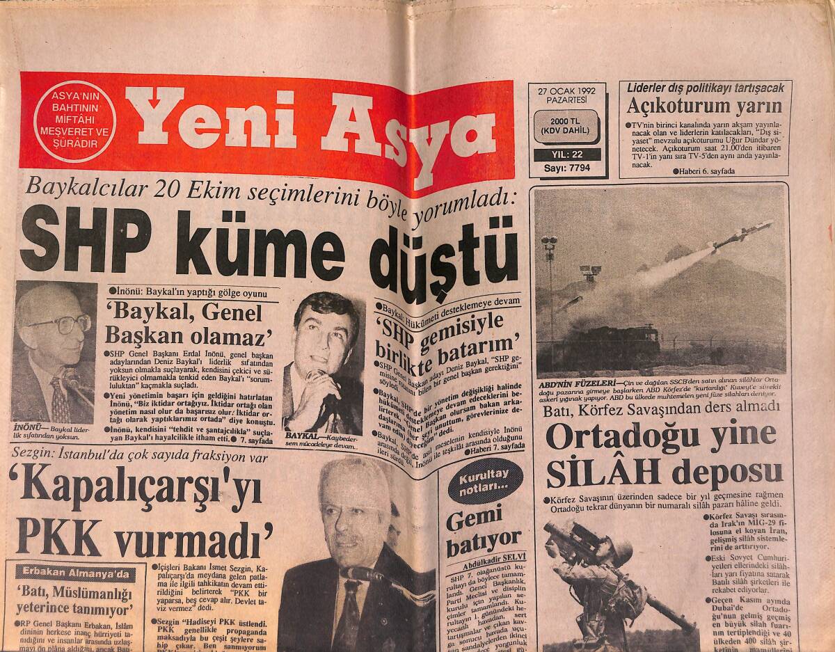 Yeni Asya Gazetesi 27 Ocak 1992 - Kim Bu Ahmed Hulusi - SHP Küme Düştü GZ153428 - 1