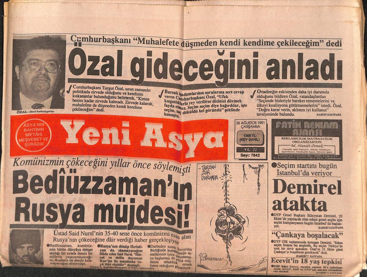 Yeni Asya Gazetesi 28 Ağustos 1991 - Bediüzzaman'ın Rusya Müjdesi - Sovyet Müslümanları Huzurlu GZ147118 - 1