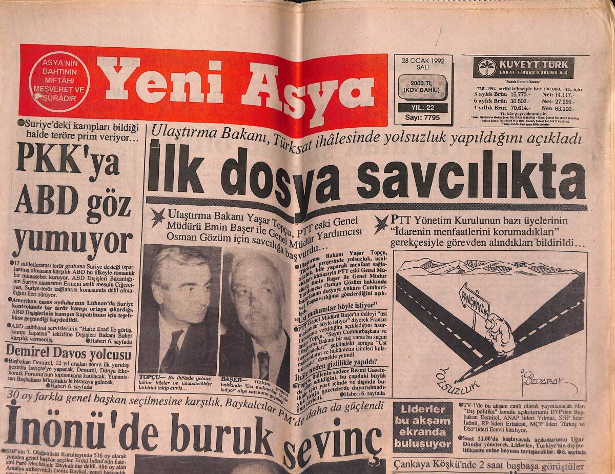 Yeni Asya Gazetesi 28 Ocak 1992 - PKK'ya ABD Göz Yumuyor - Galatasaray Mükemmel - Tanju Patladı GZ153429 - 1