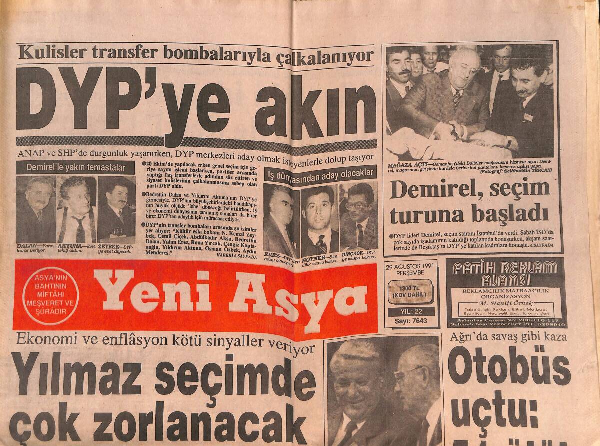 Yeni Asya Gazetesi 29 Ağustos 1991 - Erbakan-Türkeş İşbirliği Yapacak - DYP'ye Akın GZ147119 - 1