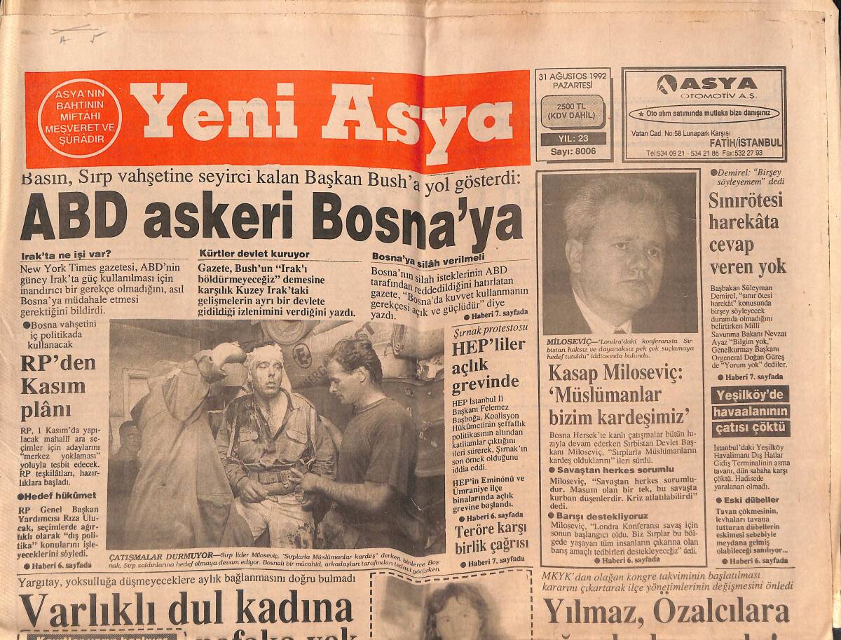 Yeni Asya Gazetesi 31 Ağustos 1992 - ABD Askeri Bosna'ya - RP'den Kasım Plânı GZ147122 - 1