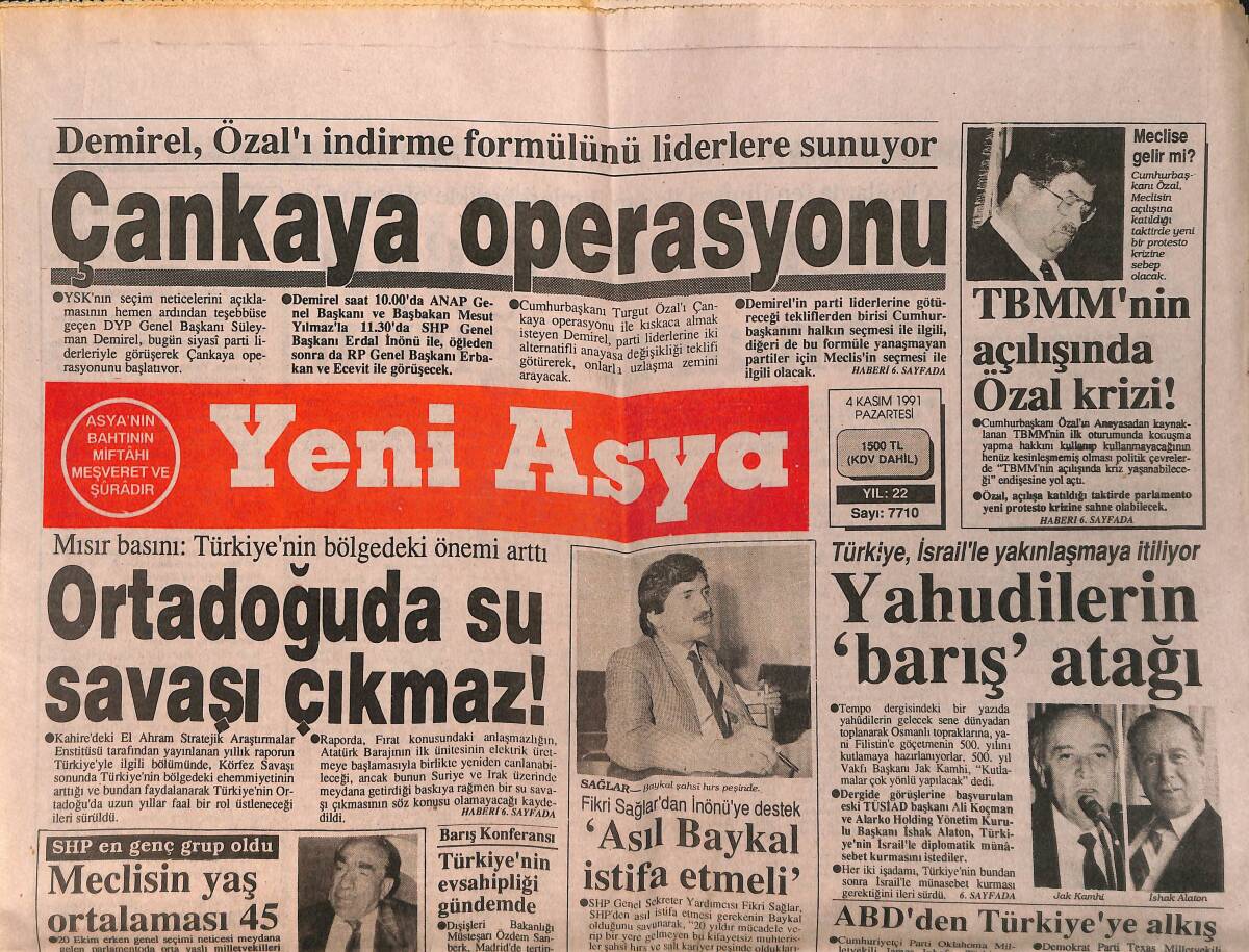 Yeni Asya Gazetesi 4 Kasım 1991 - TBMM'nin Açılışında Özal Krizi ! - Azerbaycan Başbakanı Türkiye'de GZ153246 - 1