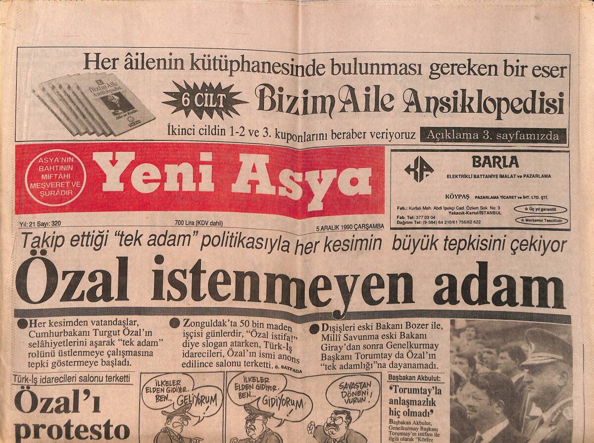 Yeni Asya Gazetesi 5 Aralık 1990 - Özal İstenmeyen Adam - Demirel'den Torumtay'a Destek GZ153315 - 1
