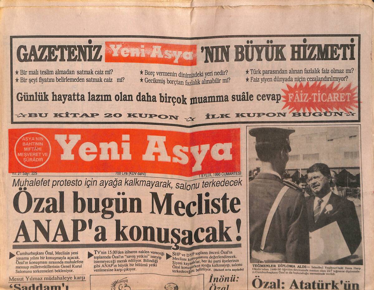 Yeni Asya Gazetesi 1 Eylül 1990 - Irak'a Gıda Ve İlaç Yok - Beşiktaş Kendinden Emin Ama Fenerbahçe Tedirgin - Kral Hüseyin Yine Sıkıştı GZ153351 - 1