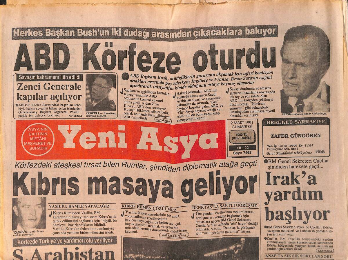Yeni Asya Gazetesi 2 Mart 1991 - Irak'a Yardım Gelmeye Başlıyor - Semra Özal'ın Faturalarını Kimler Ödüyor GZ153363 - 1