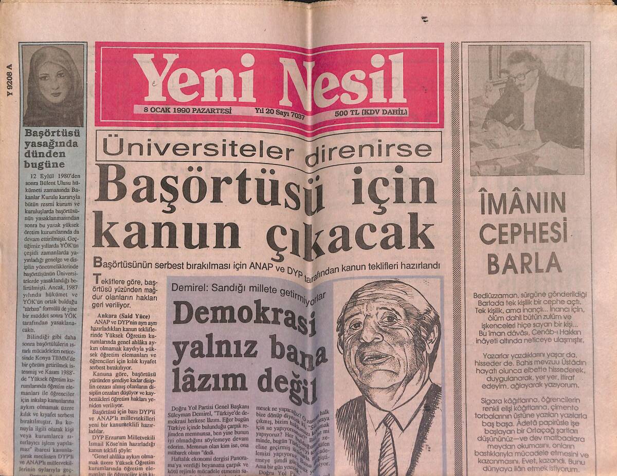 Yeni Asya Gazetesi 8 Ocak 1990 - Başörtüsü Yasağında Dünden Bugüne - Ayasofya İçin Birlik GZ153424 - 1