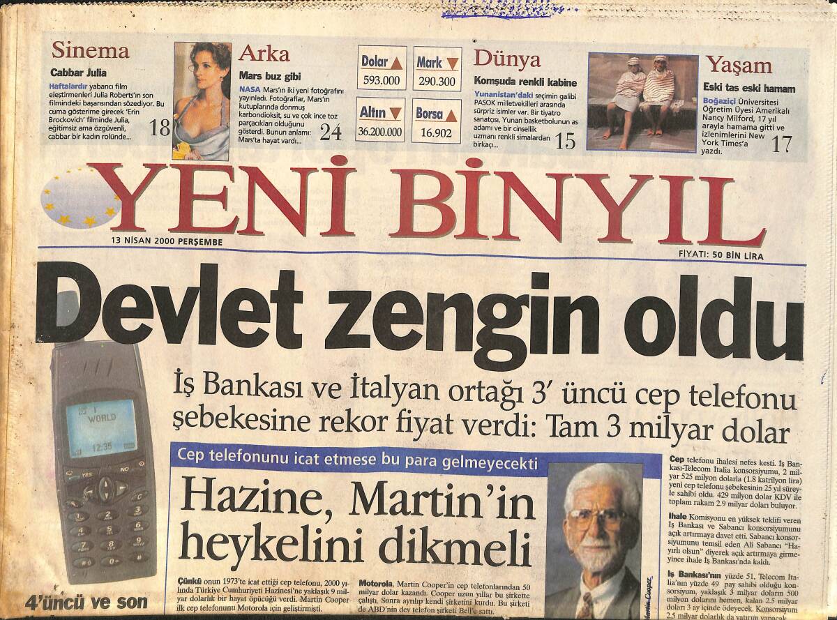 Yeni Binyıl Gazetesi 13 Nisan 2000 - Fatih Terim: Ankara Bizi Yalnız Bıraktı - Demirel Gazi Oldu GZ2648 - 1