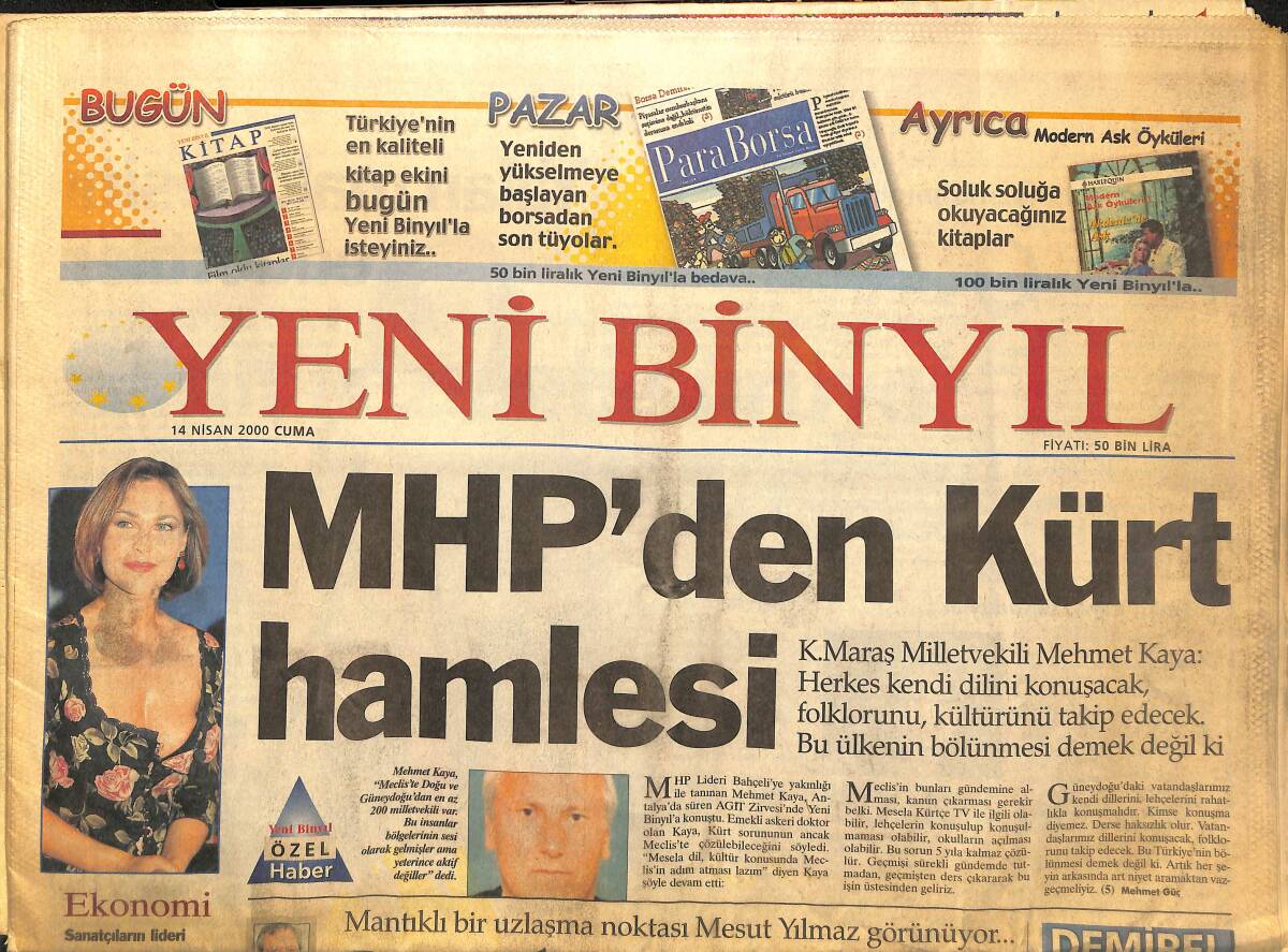 Yeni Binyıl Gazetesi 14 Nisan 2000 - MHP'den Kürt Hamlesi - Tansu Çiller Maça Gidecek GZ148004 - 1