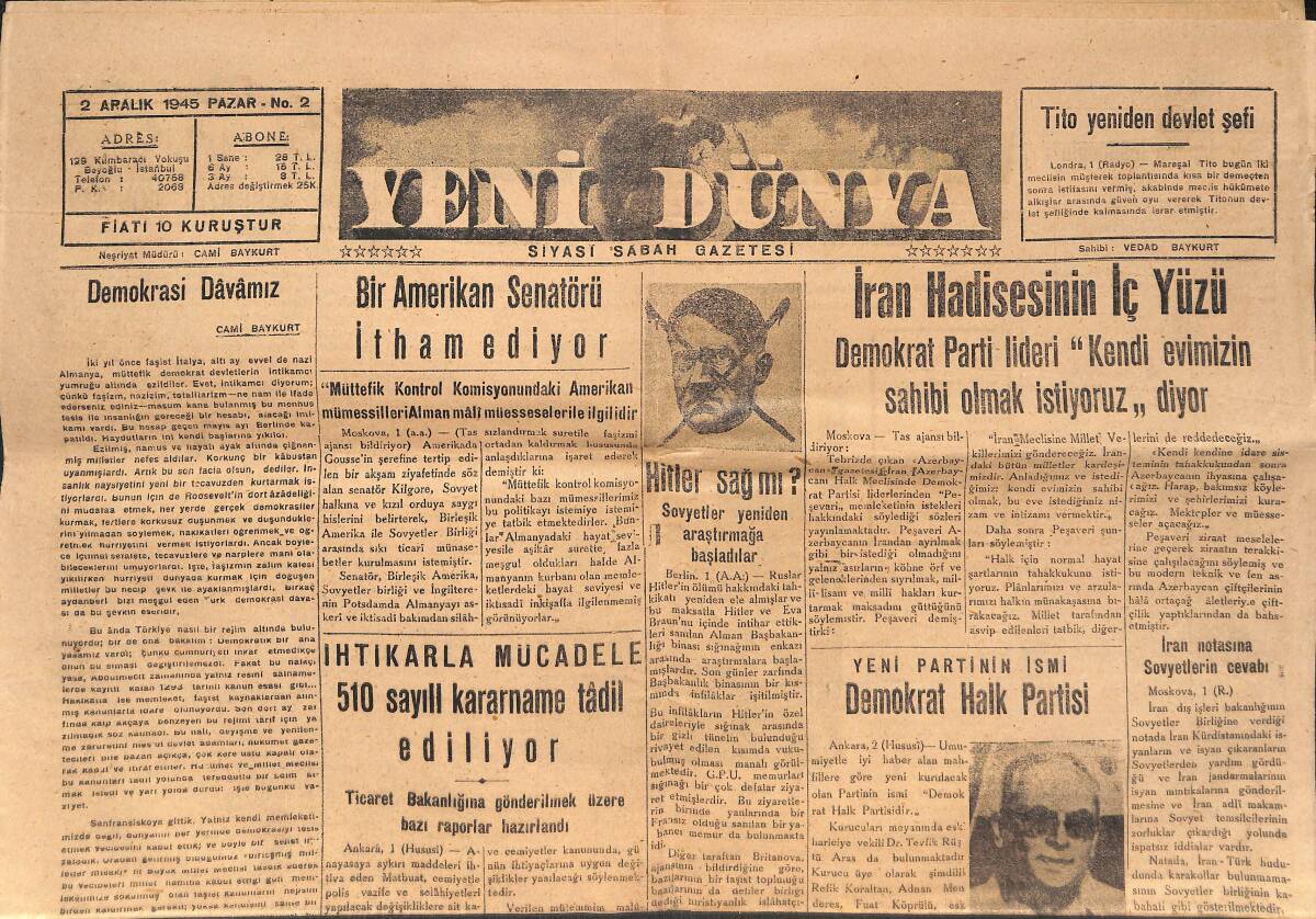 Yeni Dünya Gazetesi 2 Aralık 1945 - Yeni Partinin İsmi Demokrat Halk Partisi - Bugün Milletvekili Seçimleri Yapılacak GZ133967 - 1