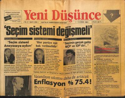 Yeni Düşünce Gazetesi 13 Ocak 1989 - Türbana Evren Engeli ! - Alparlsan Türkeş Seçim Sistemi Anayasaya Aykırı GZ122793 - 1