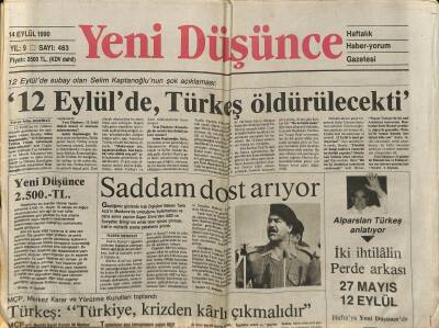 Yeni Düşünce Gazetesi 14 Eylül 1990 - 12 Eylülde , Türkeş Öldürülecekti - Saddam Dost Arıyor GZ122735 - 1