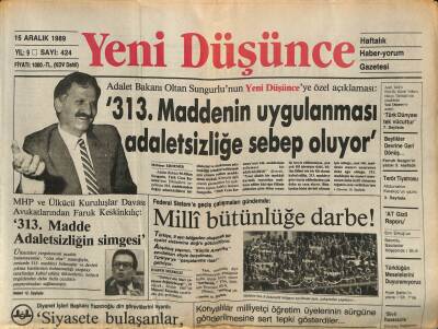 Yeni Düşünce Gazetesi 15 Aralık 1989 - Türkeş , Malatya Ve Elazığ İllerini Ziyaret Etti GZ84846 - 1