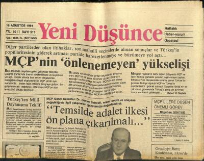 Yeni Düşünce Gazetesi 16 Ağustos 1991 - Su Meselesi Ortadoğunun Gündeminde - Kuzey Irakta Geç Kalmış Harekat GZ122722 - 1