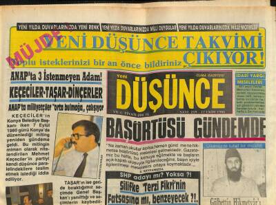 Yeni Düşünce Gazetesi 17 Ekim 1986 - Başörtüsü Gündemde - Ekonomide İslam Birliğine İlk Adım ! GZ122761 - 1