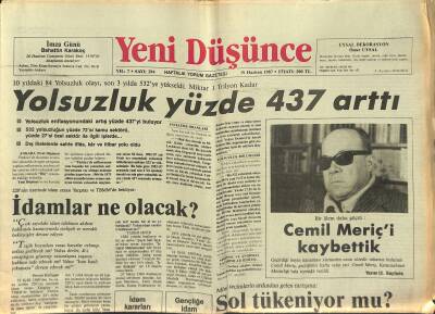 Yeni Düşünce Gazetesi 19 Haziran 1987 - Cemil Meriçi Kaybettik - Samandağ Belediye Başkanını Kim Koruyor ? GZ122697 - 1
