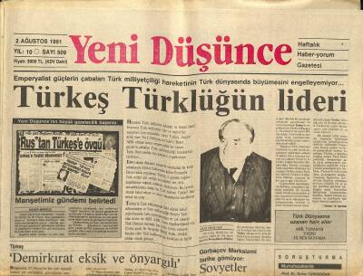 Yeni Düşünce Gazetesi 2 Ağustos 1991 - Irak Türkleri Yine Katledildi - Türkeş Türklüğün Lideri GZ122720 - 1