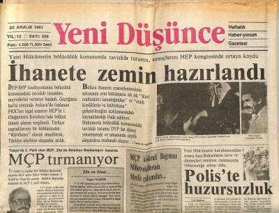 Yeni Düşünce Gazetesi 20 Aralık 1991 - Türkeş Maksatları Anadolu Türklüğünü İmha Etmektir - MÇP Tırmanıyor GZ122837 - 1