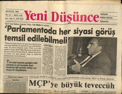 Yeni Düşünce Gazetesi 20 Eylül 1991 - Müftüoğlu Ameliyat Oldu - MÇPye Büyük Teveccüh GZ122725 - 1