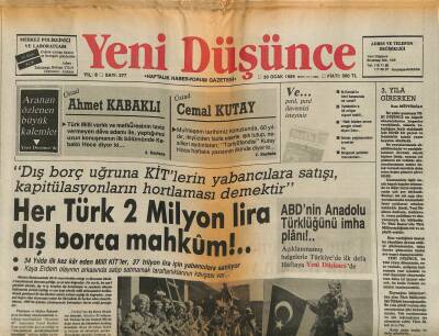 Yeni Düşünce Gazetesi 20 Ocak 1989 - ABDnin Anadolu Türklüğünü İmha Plânı !.. - Afganistan Türkleri Zor Durumda ! GZ122790 - 1