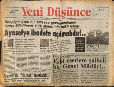 Yeni Düşünce Gazetesi 21 Temmuz 1989 - Ayasofya İbadete Açılmalıdır!.. GZ84795 - 1