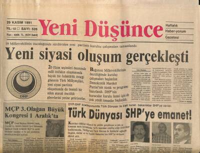 Yeni Düşünce Gazetesi 29 Kasım 1991 - DYPde Kargaşa Sürüyor - Türk Dünyası SHPye Emanet ! GZ122764 - 1