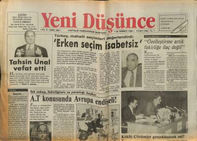 Yeni Düşünce Gazetesi 29 Temmuz 1988 - Tahsin Ünal Vefat Etti - İthalat Şahlandı !. GZ122679 - 1