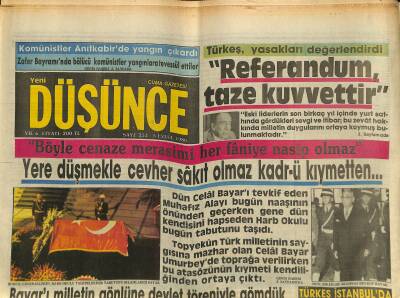 Yeni Düşünce Gazetesi 5 Eylül 1986 - Atatürkün En Yakın Arkadaşı Celal Bayar - Türkeş , Yasakları Değerlendirdi GZ122755 - 1