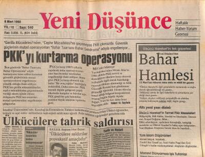Yeni Düşünce Gazetesi 6 Mart 1992 - Karabağda Ermeni Vahşeti - PKKyı Kurtarma Operasyonu GZ122830 - 1
