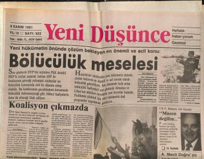 Yeni Düşünce Gazetesi 8 Kasım 1991 - Mehmet Barlasın Babası Kuran-ı Kerim Ve Hz. Muhammede Hakaret Etmiş - Jak Kamhi Mason Değilim GZ122838 - 1