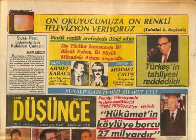 Yeni Düşünce Gazetesi 8 Şubat 1985 - Dıblan İstanbula İl Başkanı Seçildi - Türkeşin Tahliyesi Reddedildi GZ122866 - 1