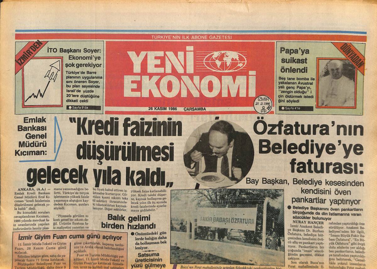 Yeni Ekonomi Gazetesi 26 Kasım 1986 - Papa'ya Suikast Önlendi - Denizlispor Korkmuyor GZ153715 - 1